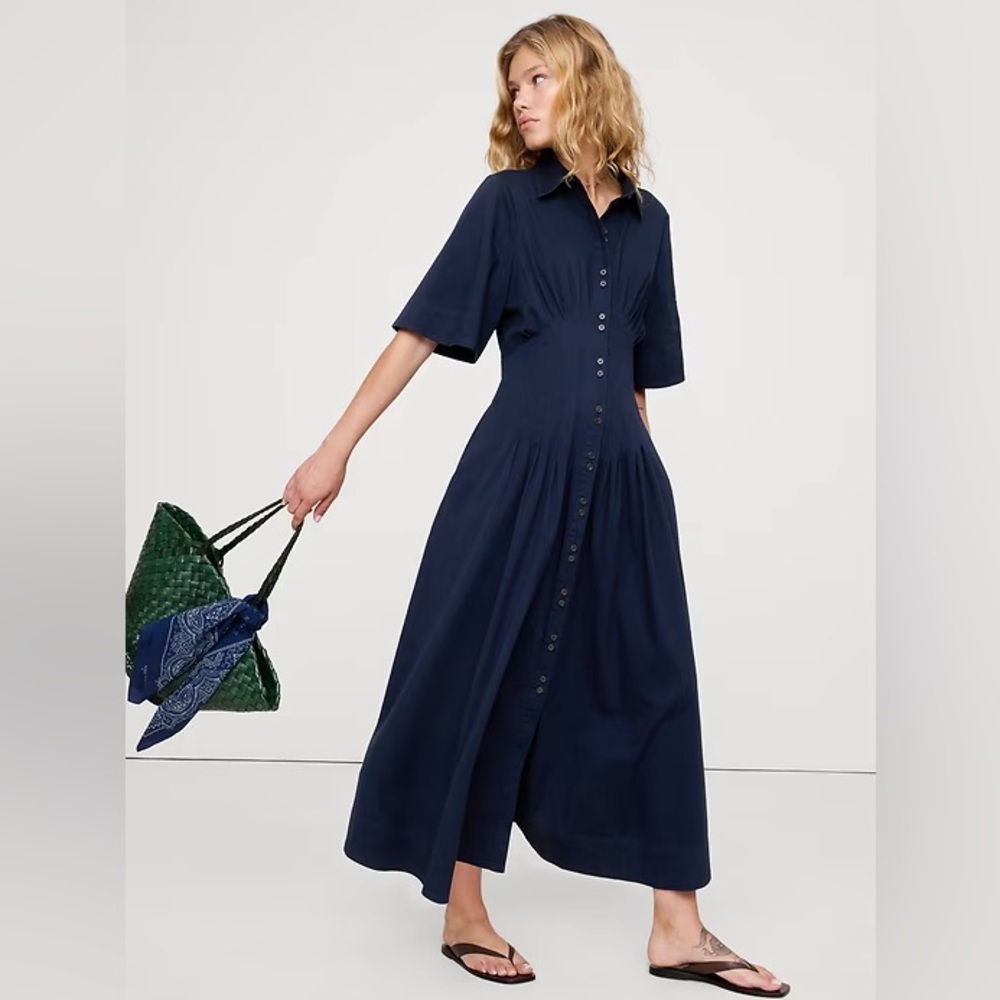 NWOT! Banana Republic Navy Stretch-Cotton Poplin Pintuck Long-Midi Shirt Dress